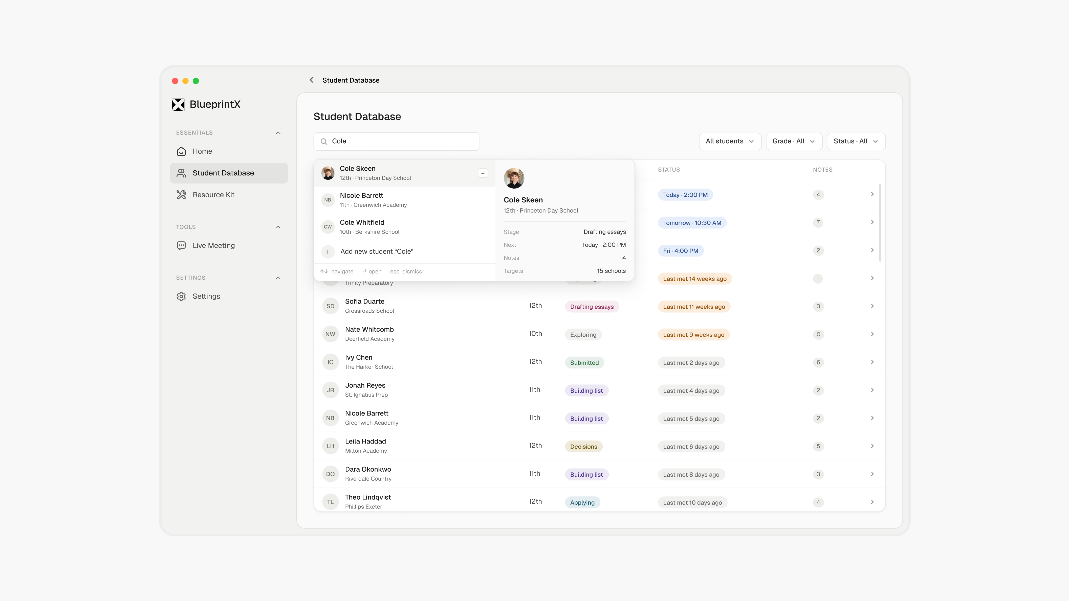 BlueprintX student database with search results and a student preview.